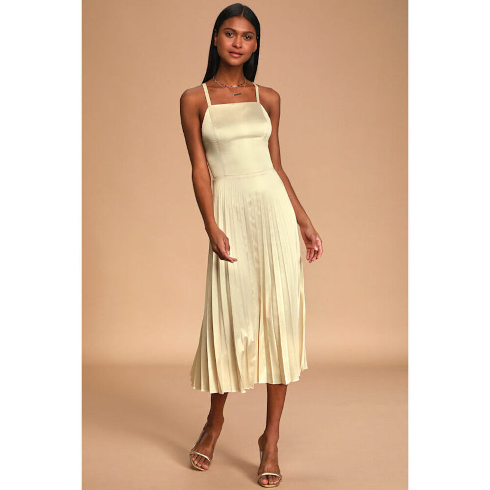 Lulus Give Us A Twirl Champagne Satin Pleated Midi Dress Beige - Size L